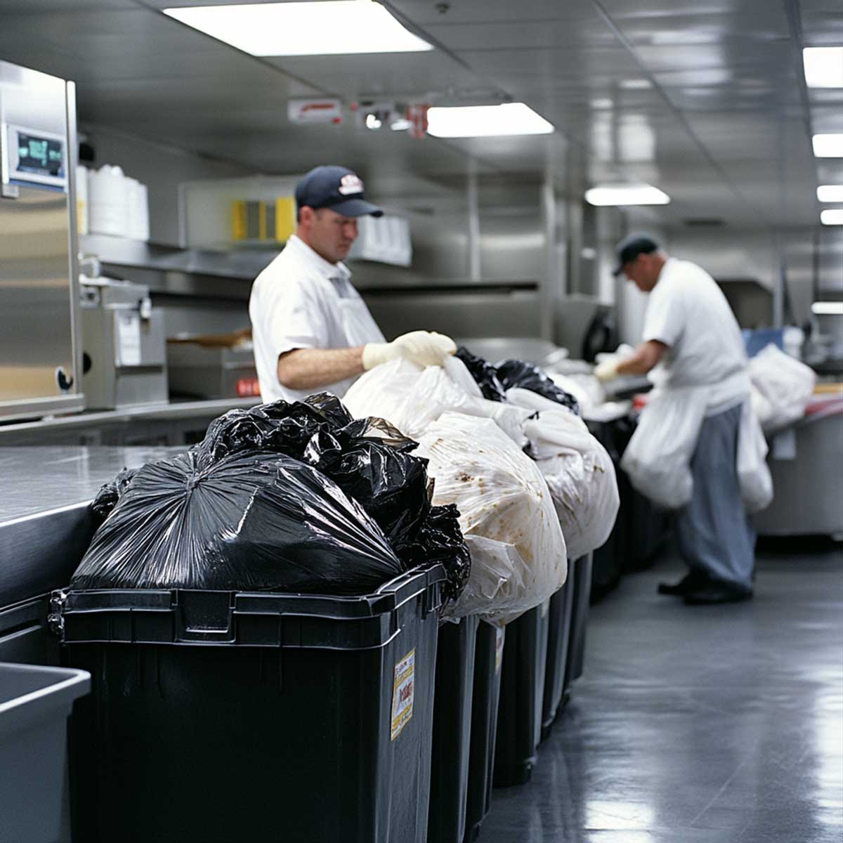 Restaurant trash bins filled with bagged trash